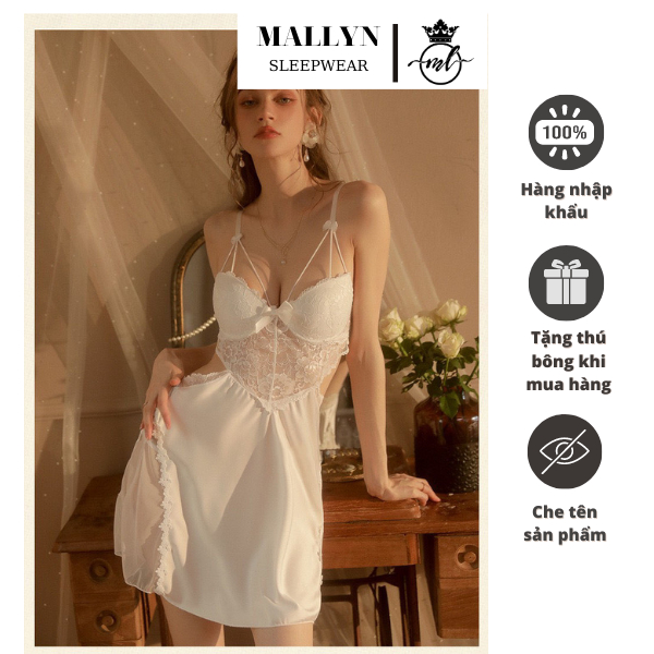 Váy ngủ đầm ngủ lụa phối ren MALLYN thiết kế tạo thắt eo,co dãn thoải mái ML8460
