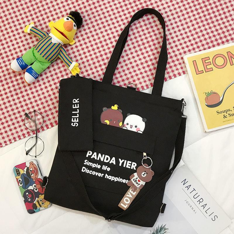 Một chiếc túi 4 kiểu đeo,túi vải bố mèo con khoá gấu balo xách canvas đa năng đeo chéo nữ,cặp sách học sinh(panda yier)