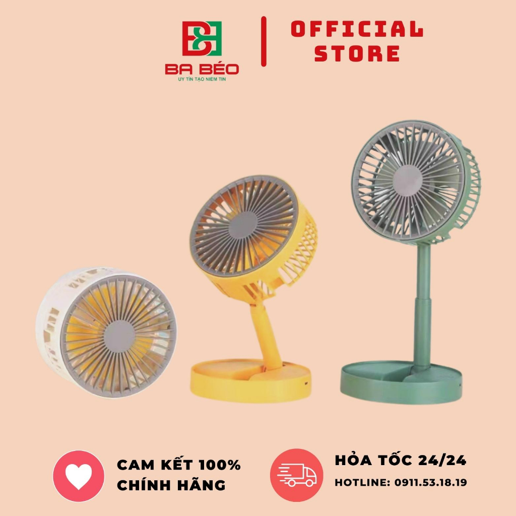 Quạt mini cầm tay tích điện cấp độ gió mạnh mẽ 3 cấp độ, có thể chỉnh độ cao tùy ý, thiết kế gấp gọn, cao cấp