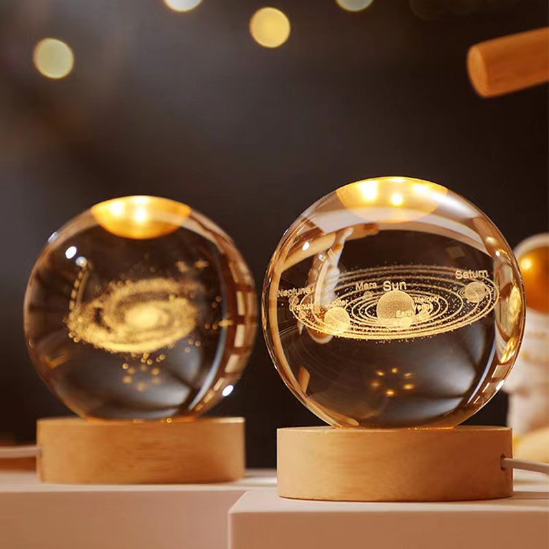 Đèn Ngủ 3D Quả Cầu Pha Lê Phát Sáng ，Trang trí máy tính để bàn, trang trí hệ mặt trời và mặt trăng, quà tặng sinh nhật