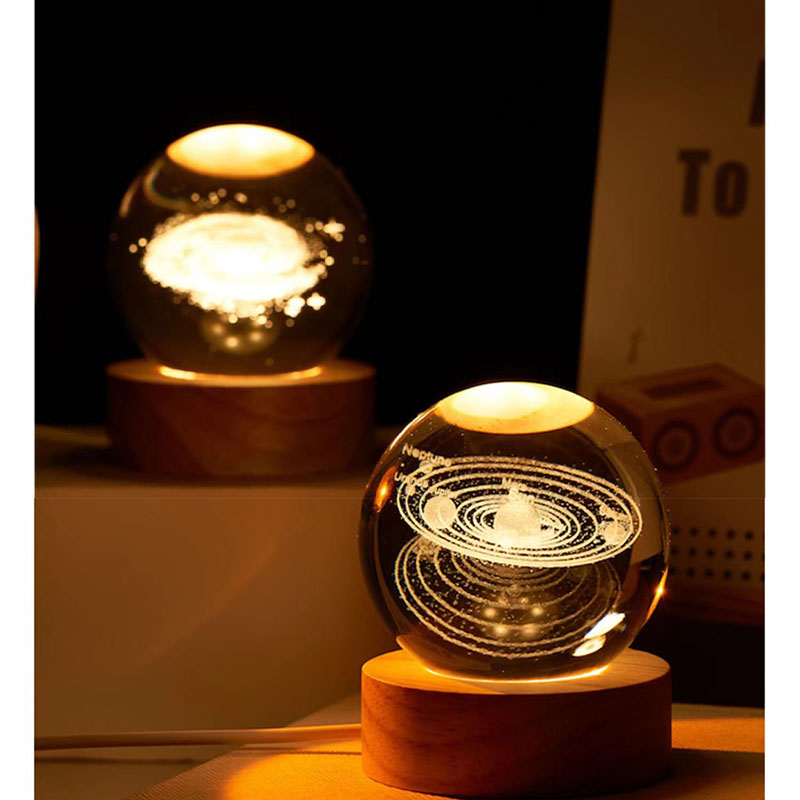 Đèn Ngủ 3D Quả Cầu Pha Lê Phát Sáng ，Trang trí máy tính để bàn, trang trí hệ mặt trời và mặt trăng, quà tặng sinh nhật