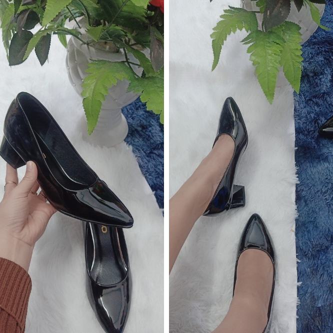 Giày Cao Gót Nữ 3 Phân Da Bóng Màu Đen Thời Trang
