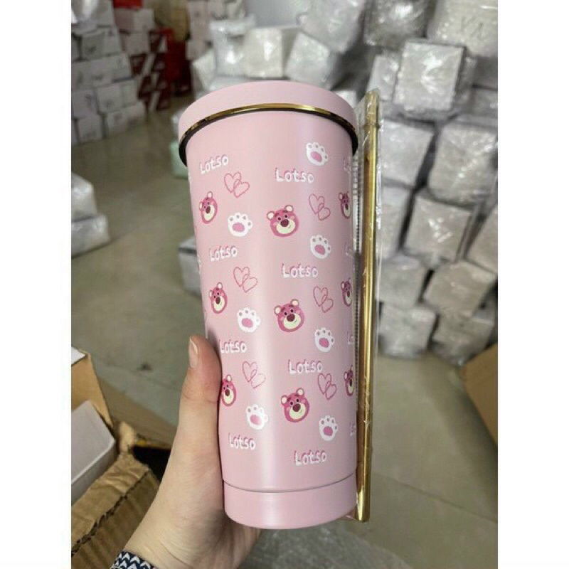Ly giữ nhiệt gấu dâu Lotso kèm ống hút và cọ