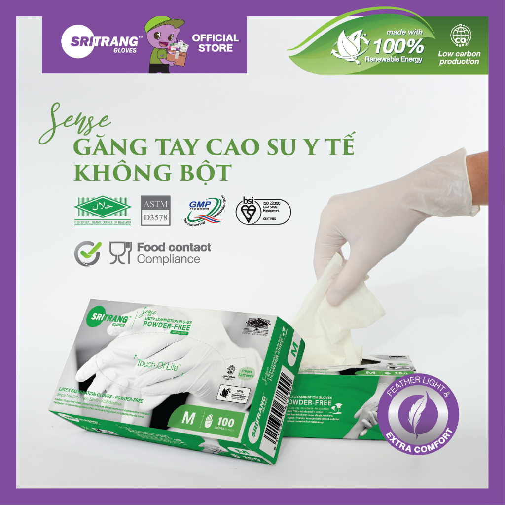 Găng tay cao su y tế latex không bột phủ polymer cao cấp 6.2g nhãn hiệu Sri Trang Thái Lan