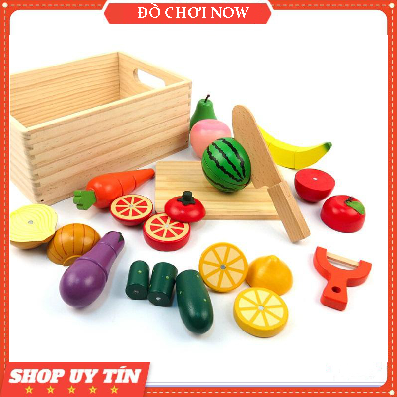 Bộ cắt trái cây nam châm bằng gỗ có kèm dao, nạo và thớt - Đồ chơi gỗ cho bé