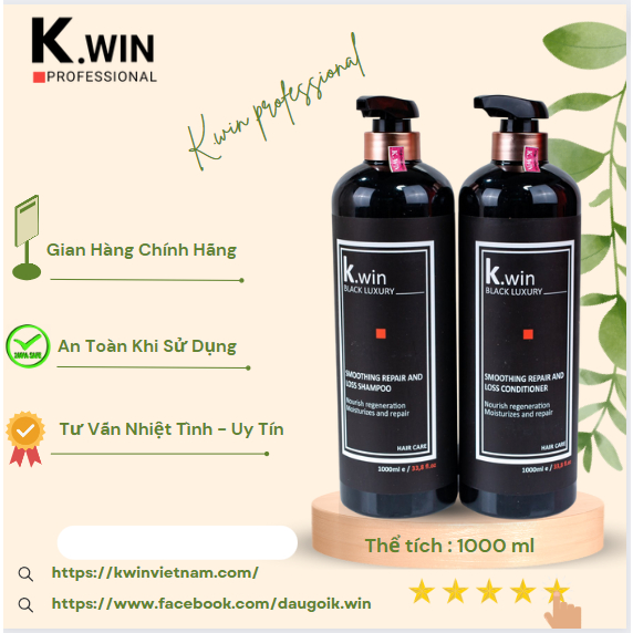 Dầu gội - xả K.win Luxury 1000ml phục hồi ngăn dầu hiệu quả tái tạo ngọn tóc xanh.