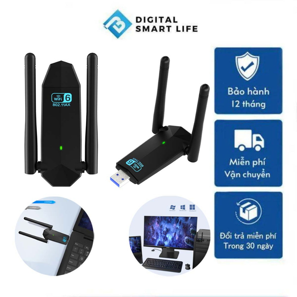 USB Wifi Thu Phát Sóng Wifi Tốc Độ 1300mbps 2 Râu Kép Cho Laptop PC 2.4/5g Bộ Chuyển Đổi USB 3.0 Wifi6 Nhỏ Gọn Tiện Lợi
