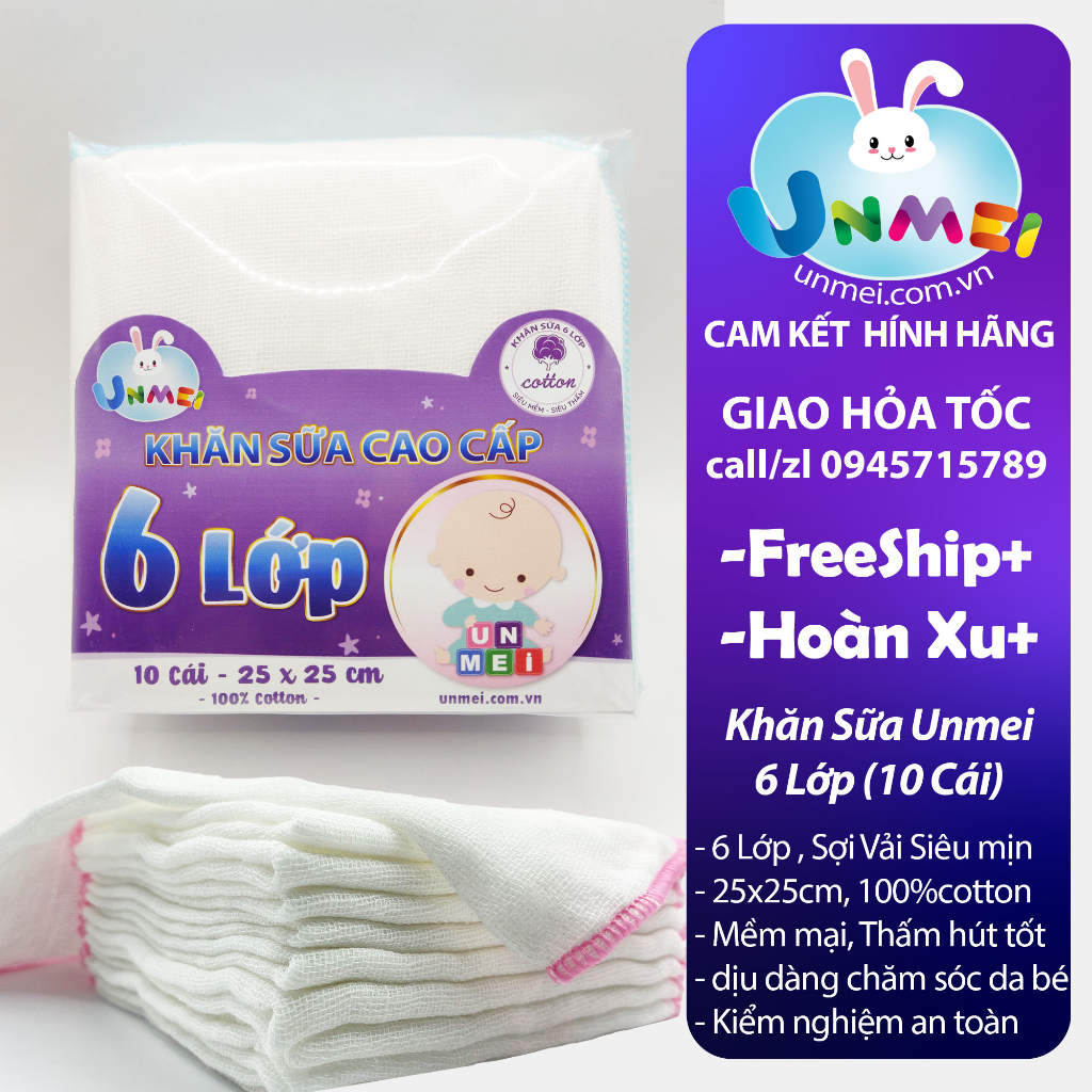 Khăn Sữa Unmei 3 Lớp, 4 Lớp, 6 Lớp Sợi mịn, 100% Cotton mềm mại, thấm hút tốt, Hàng Xuất Nhật chất lượng cao (đồ dùng vệ