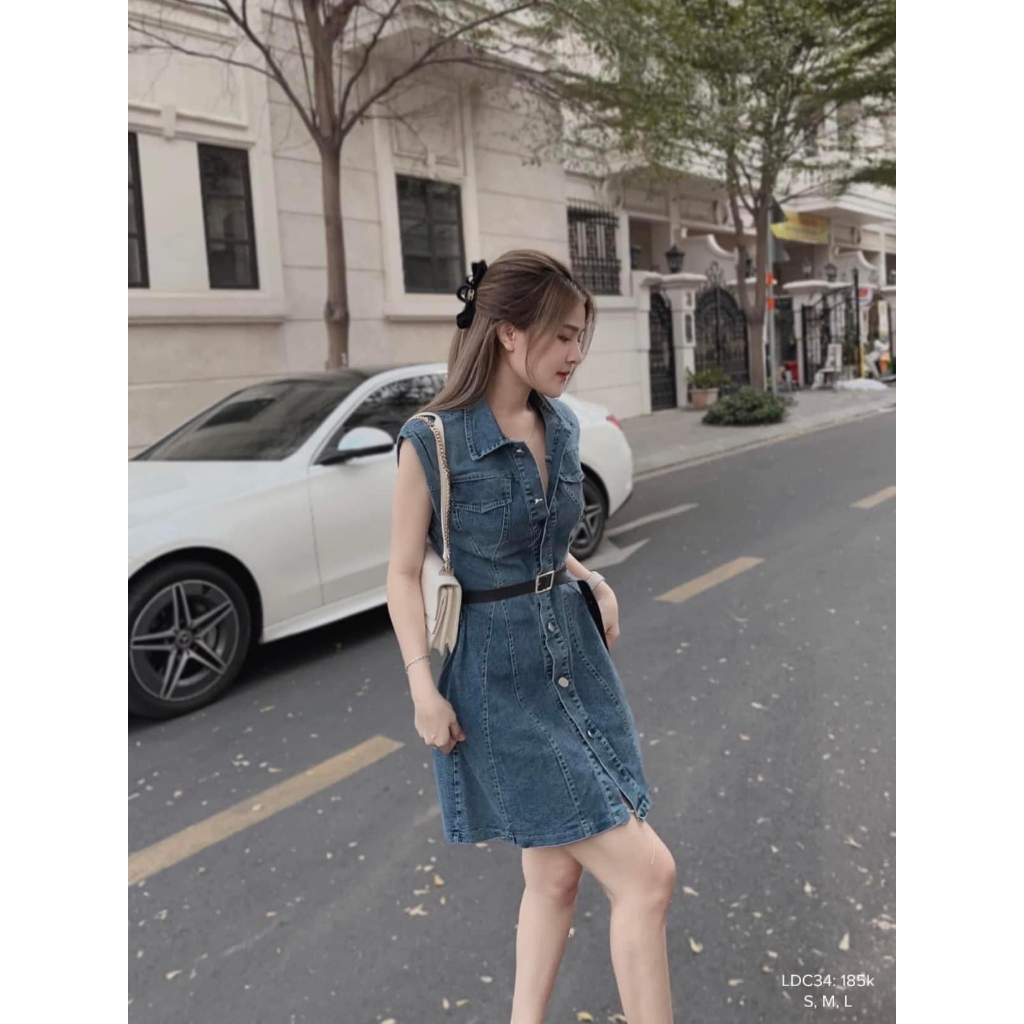 Đầm jean ngắn sát nách nút bấm phong cách năng động cá tính CHIBEST LDC34
