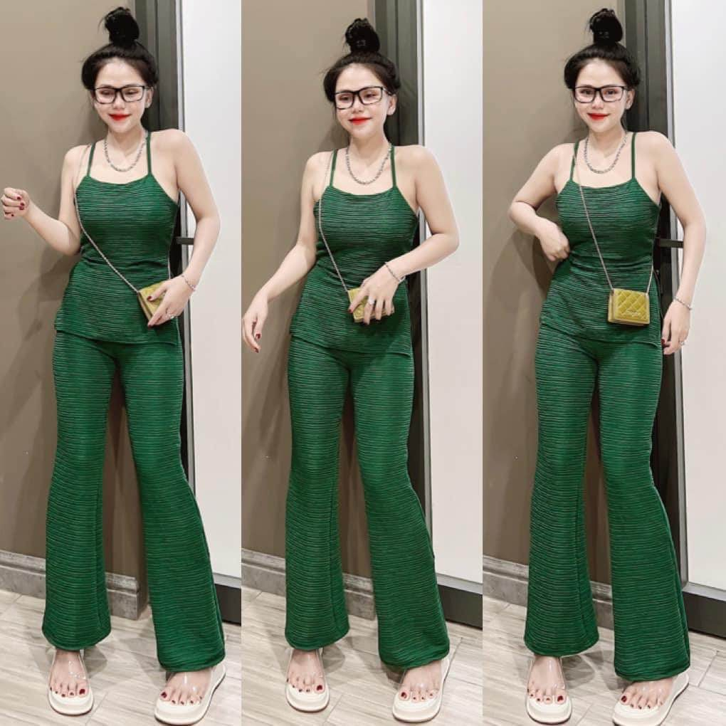Đồ bộ nữ, set đồ bộ quần ống loe đai cao và áo 2 dây ôm cổ yếm xẻ lai vải thun gân xốp cao cấp dày 2 lớp, bộ đồ mặc nhà