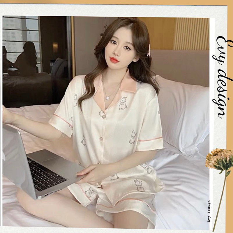 Bộ đồ ngủ nữ lụa xước cao cấp, bộ pyjama cộc tay họa tiết dễ thương hàng Quảng Châu BN027