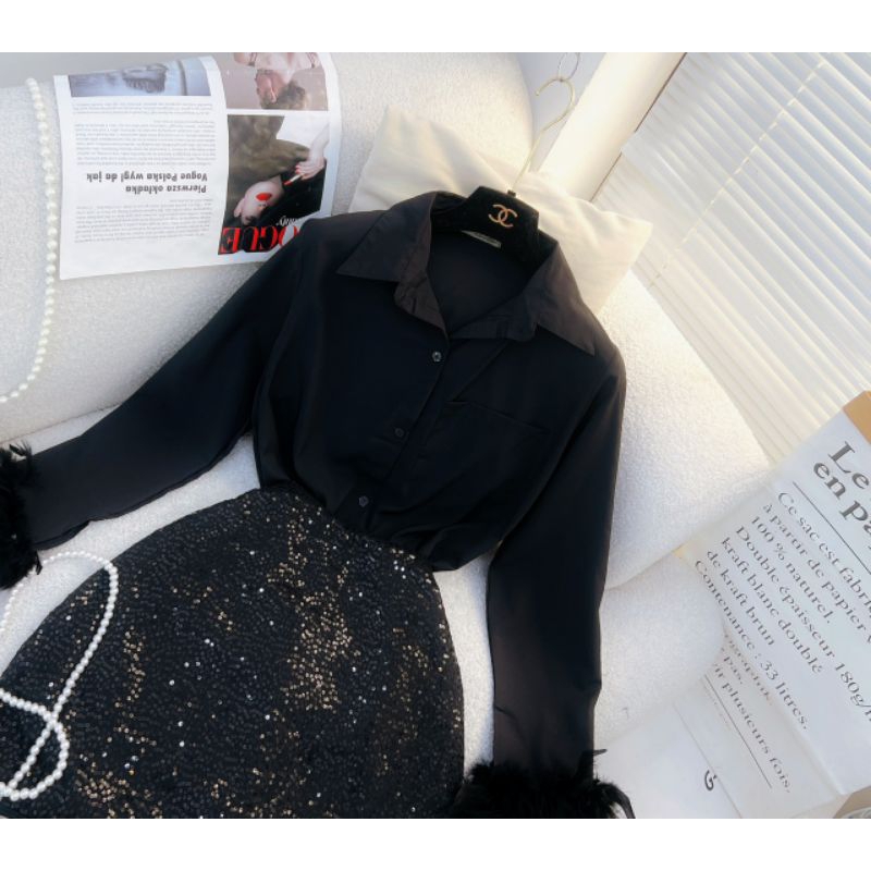 Áo sơ mi đen tay dài phối lông kèm chân váy kim saSize s m370bt
