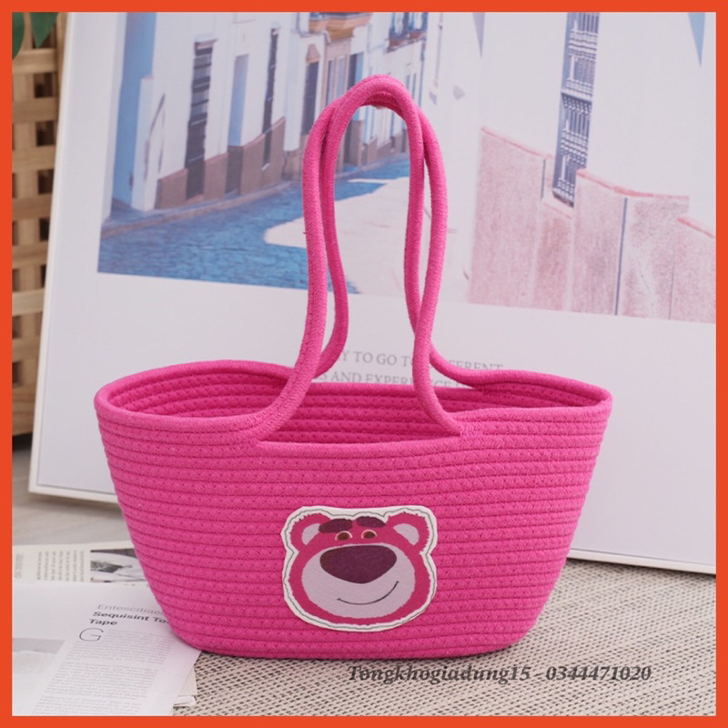 Túi gấu dâu hồng cotton đeo vai cực xinh siêu hot 2023