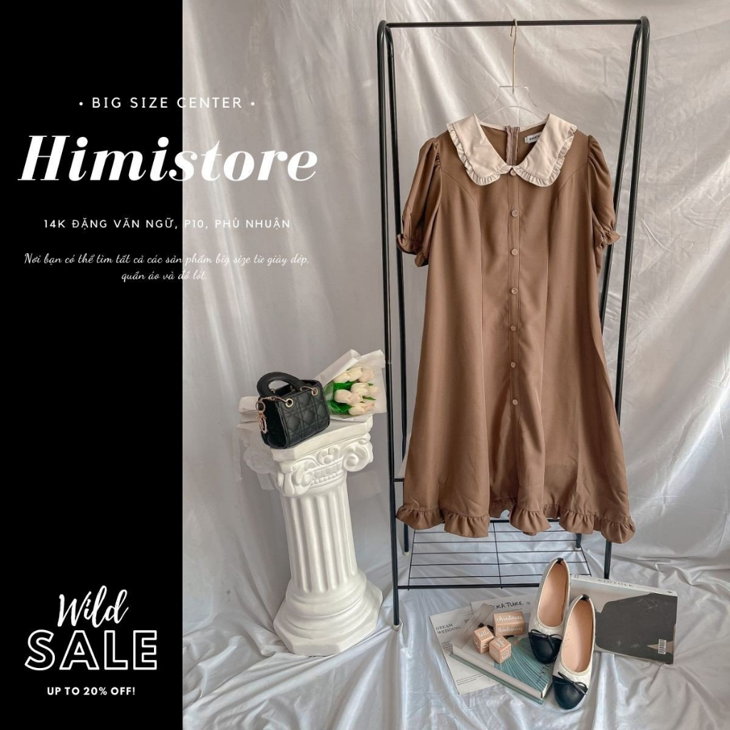 Đầm Bigsize Nữ Dáng Chữ A Cổ Sen Bèo Nền Nâu Cafe Siêu Xinh Thương Hiệu HIMISTORE