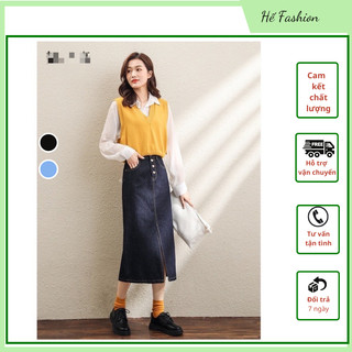  Chân Váy Jean Lưng Cao Xẻ Trước Dáng Dài, Váy A Phong Cách_A2