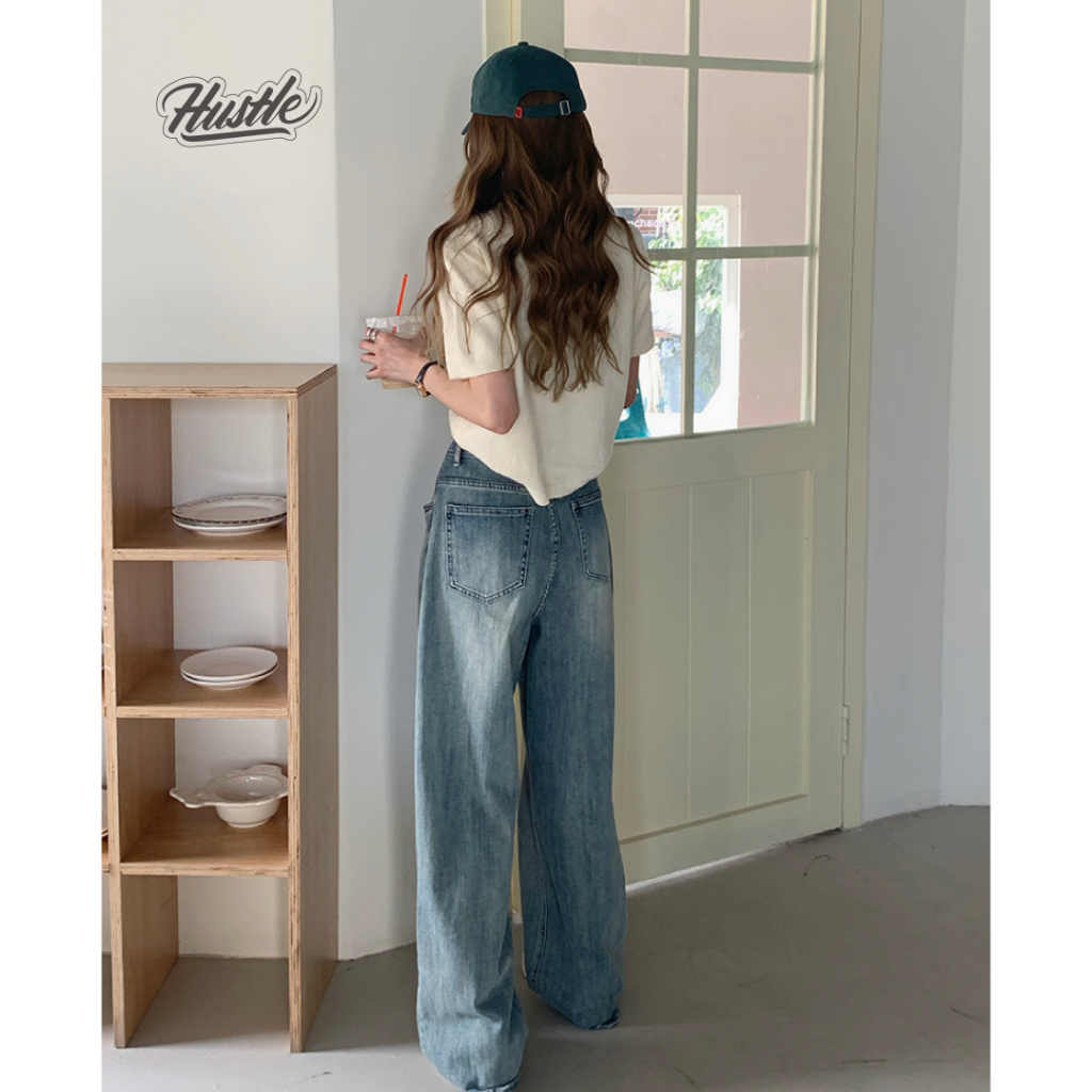 [CÓ SẴN] Quần Jeans nữ dáng suông ống rộng cạp cao mài trắng cao cấp phong cách Ulzzang | BigBuy360 - bigbuy360.vn
