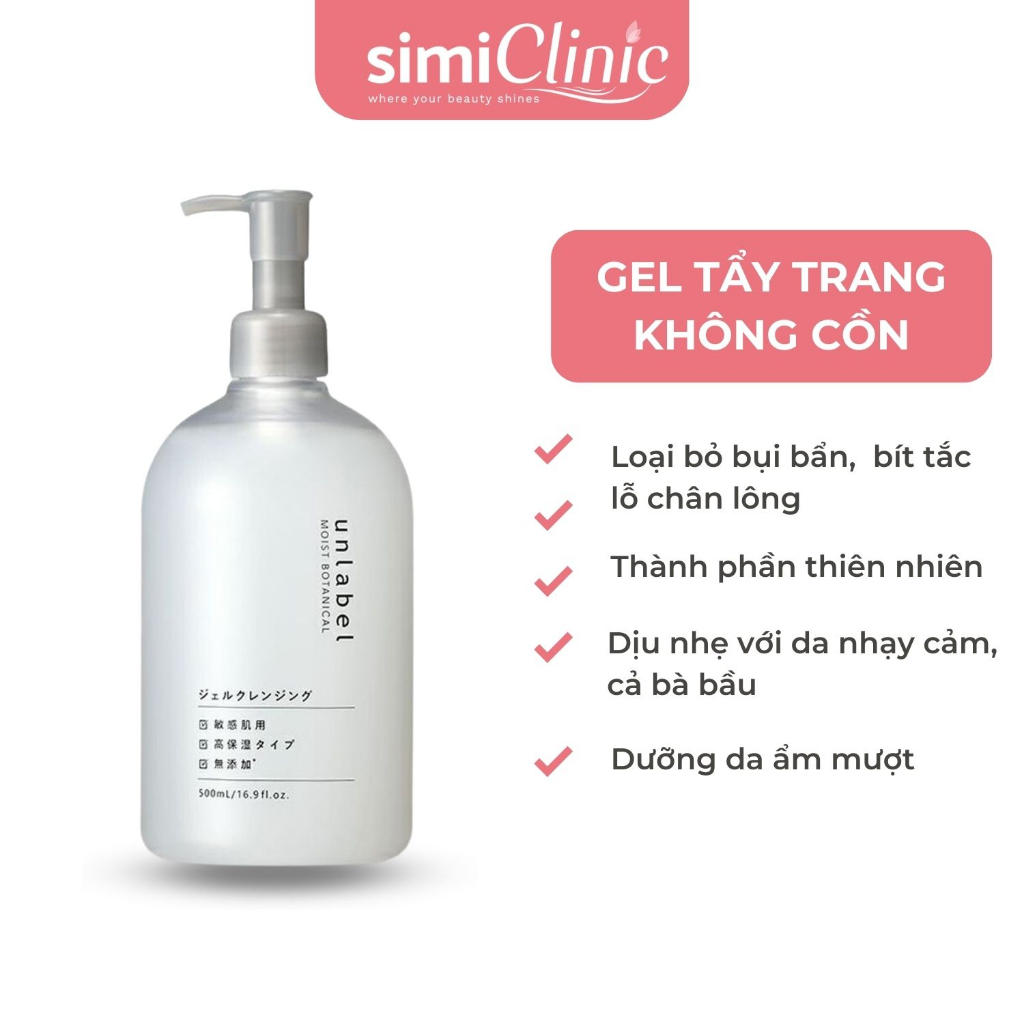 Gel tẩy trang cho da dầu mụn nhạy cảm Unlabel Nhật Bản không cồn, cấp ẩm, dùng cho cả mắt môi 500ml