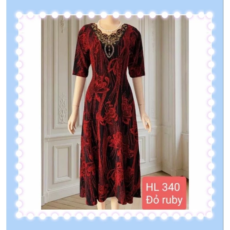 Đầm dạ hội trung niên dự tiệc sang trọng vải nhũ kim sa cổ đính đá hình hạt cho mẹ, Đầm dự tiệc trung niên dạ hội