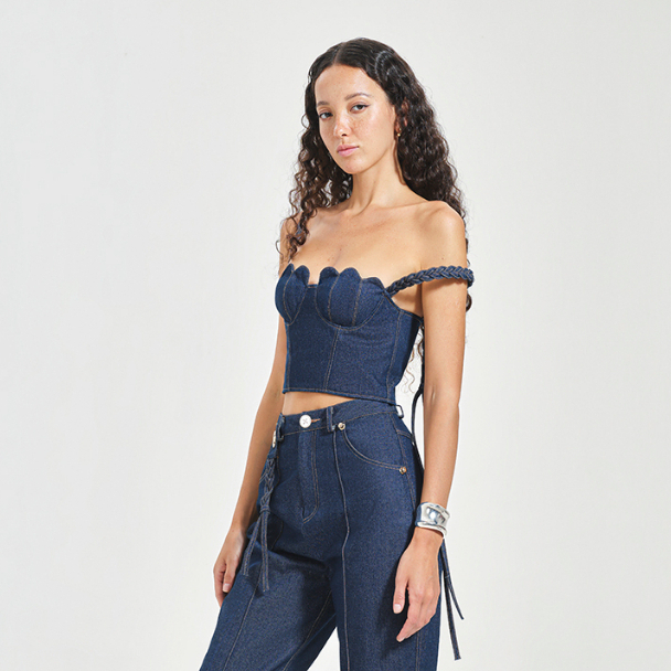 DEAR JOSÉ - Áo kiểu croptop hai dây Seashell vải denim xanh đen