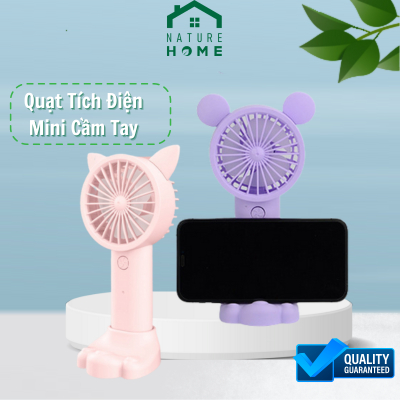 Quạt Mini Cầm Tay Kèm Giá Để Điện Thoại 2in1, Quạt Tích Điện Để Bàn Làm Việc Hình Chân Mèo Naturehome