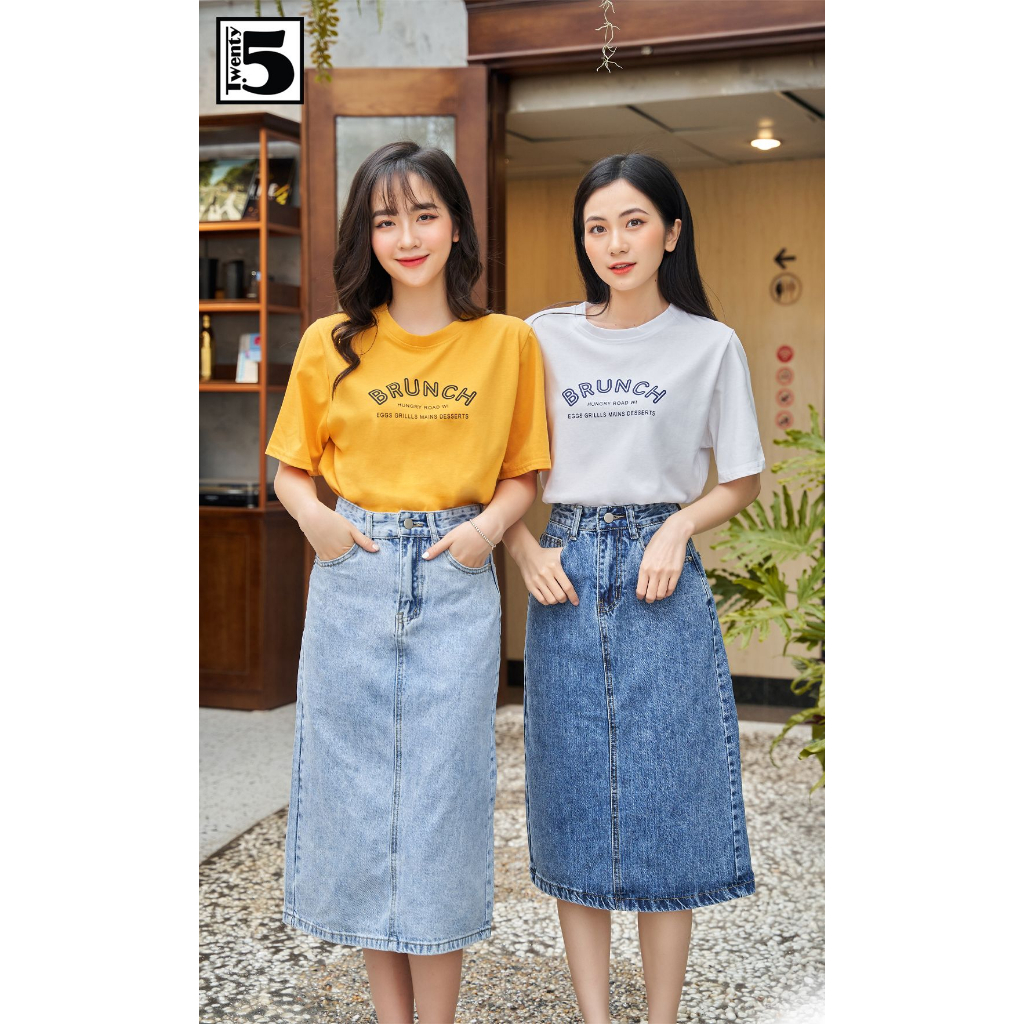 Chân váy jeans nữ mềm eo cao dáng dài xẻ sau Twentyfive Fashion 4089