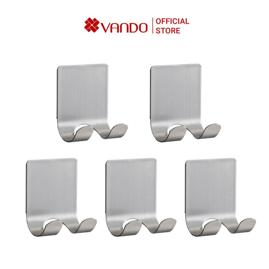 Combo 5 Móc Treo Đôi Inox VANDO Đa Năng Dán Tường Cao Cấp Chống Nước Chịu Lực Cao