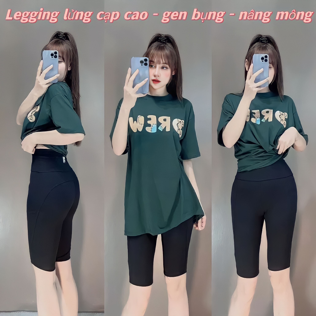 Legging lửng cạp cao gen bụng nâng mông chất Mỳ Hàn co giãn