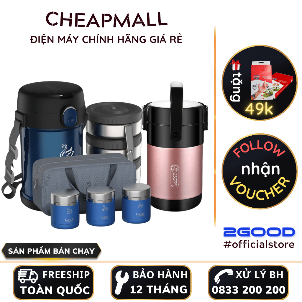 Hộp cơm giữ nhiệt 2GOOD Lunch Box HC01 (2 lít) - Kèm túi giữ nhiệt, muỗng và đũa inox 304 - CheapMall