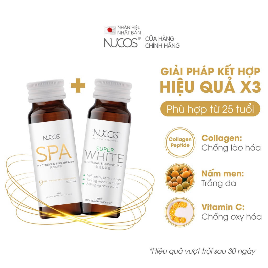 Combo nước uống collagen căng bóng trắng da mờ thâm nám Nucos Spa 10.000 và Nucos Super White 2 hộp x 10 chai