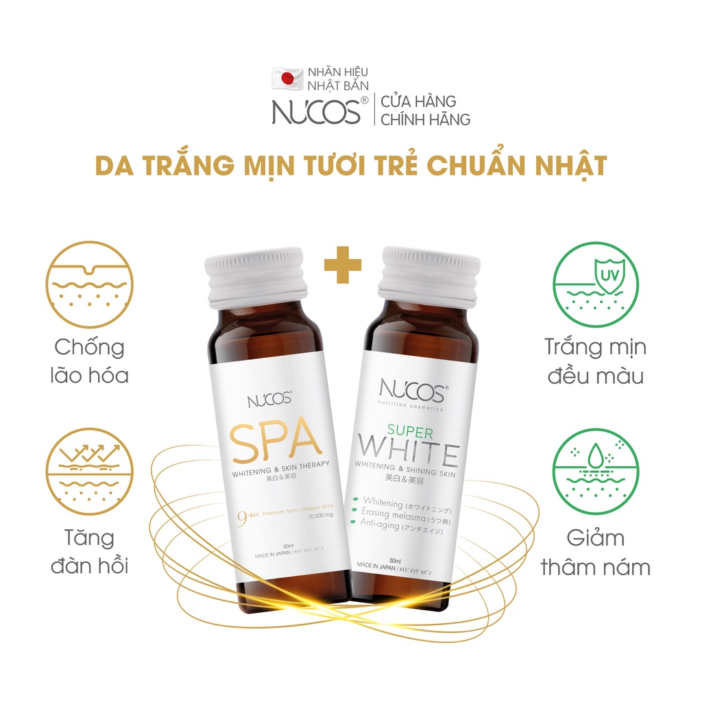 Combo nước uống collagen căng bóng trắng da mờ thâm nám Nucos Spa 10.000 và Nucos Super White 2 hộp x 10 chai