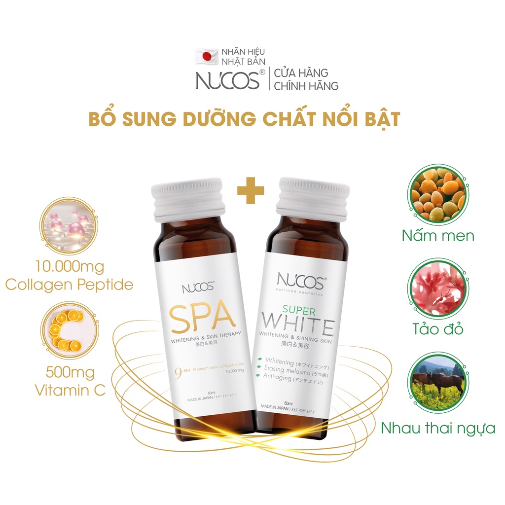 Combo nước uống collagen căng bóng trắng da mờ thâm nám Nucos Spa 10.000 và Nucos Super White 2 hộp x 10 chai