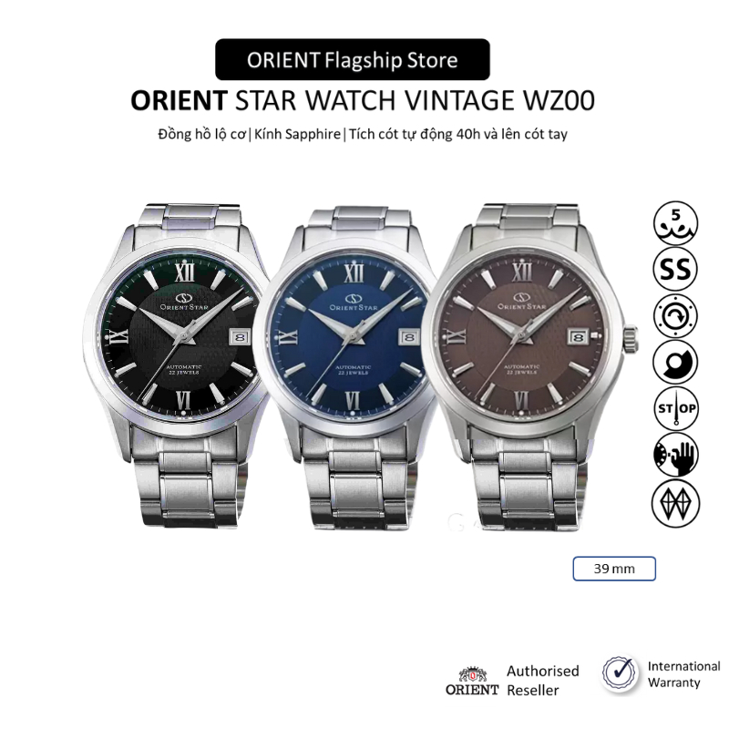 Đồng hồ cơ nam Orient Star Watch Vintage WZ00 máy lộ cơ tích cót 40 tiếng mặt kính Sapphire dây da đeo tay chính hãng