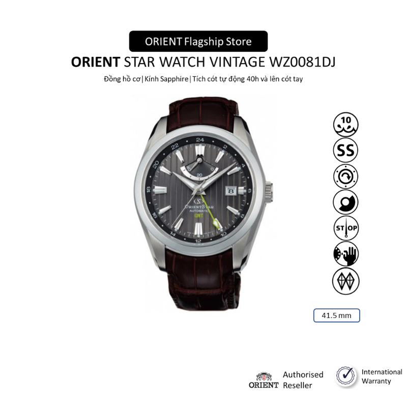 Đồng hồ cơ nam Orient Star Watch Vintage WZ0081DJ lộ máy tích cót 40 tiếng mặt kính Sapphire dây da đeo tay chính hãng