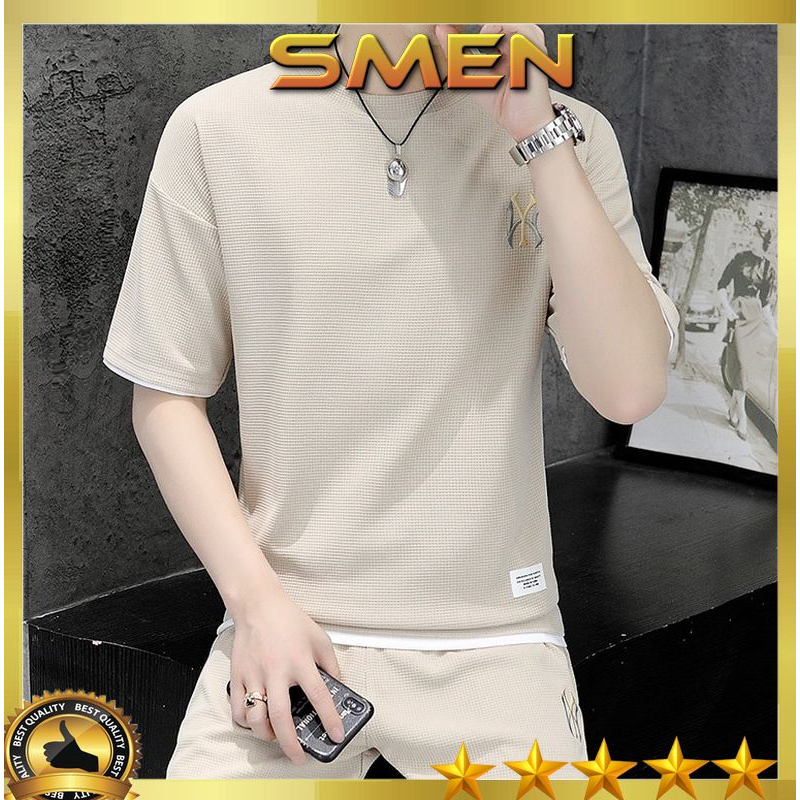 Bộ đồ nam cộc tay Cotton xốp Thái siêu mát, bộ nam nữ co giãn thoáng khí thêu NY BO09 - SMEN