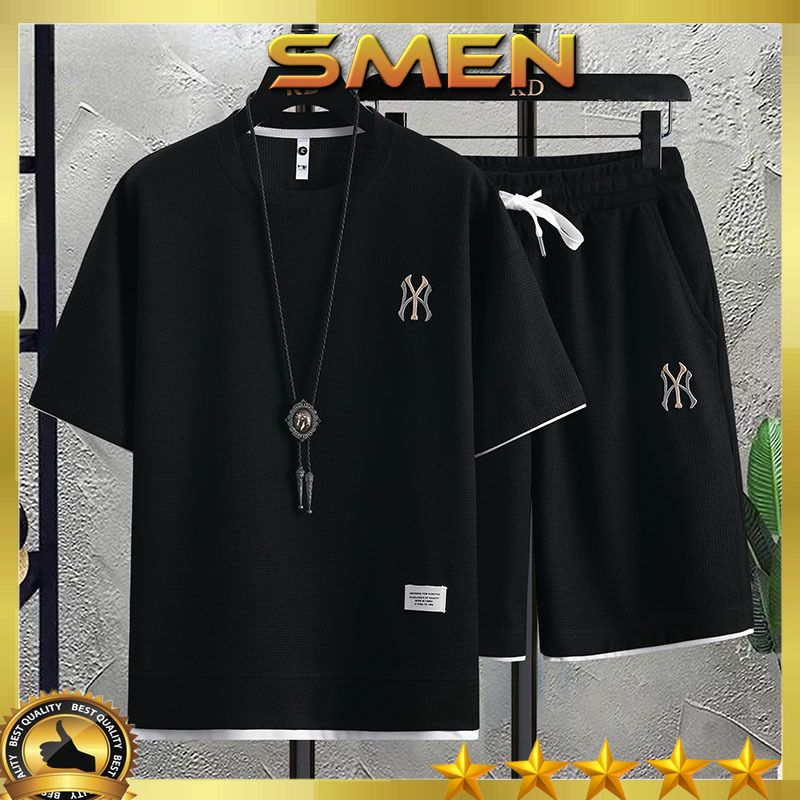 Bộ đồ nam cộc tay Cotton xốp Thái siêu mát, bộ nam nữ co giãn thoáng khí thêu NY BO09 - SMEN