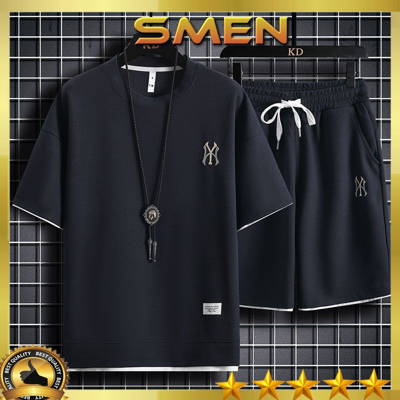 Bộ đồ nam cộc tay Cotton xốp Thái siêu mát, bộ nam nữ co giãn thoáng khí thêu NY BO09 - SMEN