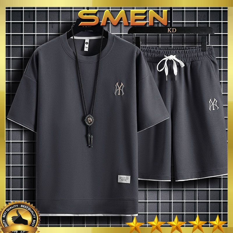 Bộ đồ nam cộc tay Cotton xốp Thái siêu mát, bộ nam nữ co giãn thoáng khí thêu NY BO09 - SMEN