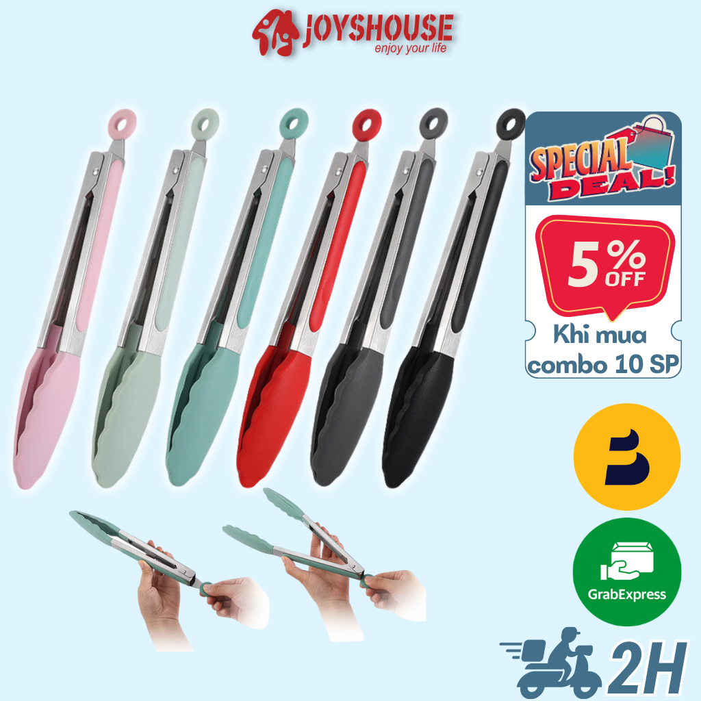 Kẹp gắp thức ăn silicon cán inox size 27.5x3.5cm dùng gắp đồ nóng hoặc gắp thịt nướng BBQ có khóa kẹp chống tuột thức ăn