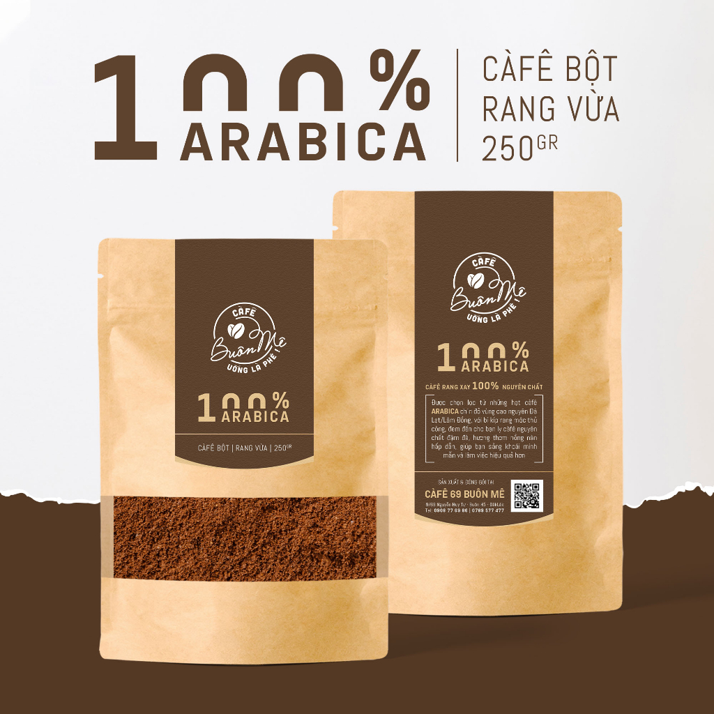 Cà phê bột Arabica rang mộc nguyên chất 69 BUÔN MÊ 250g/500g