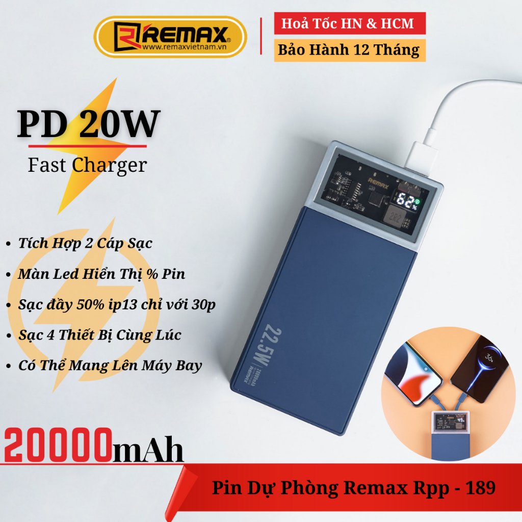 Pin Sạc Dự Phòng Kèm Cáp 20000mAh Sạc Nhanh 22.5W - Remax Việt Nam RPP-189 - Bảo Hành 12 Tháng 1 Đổi 1