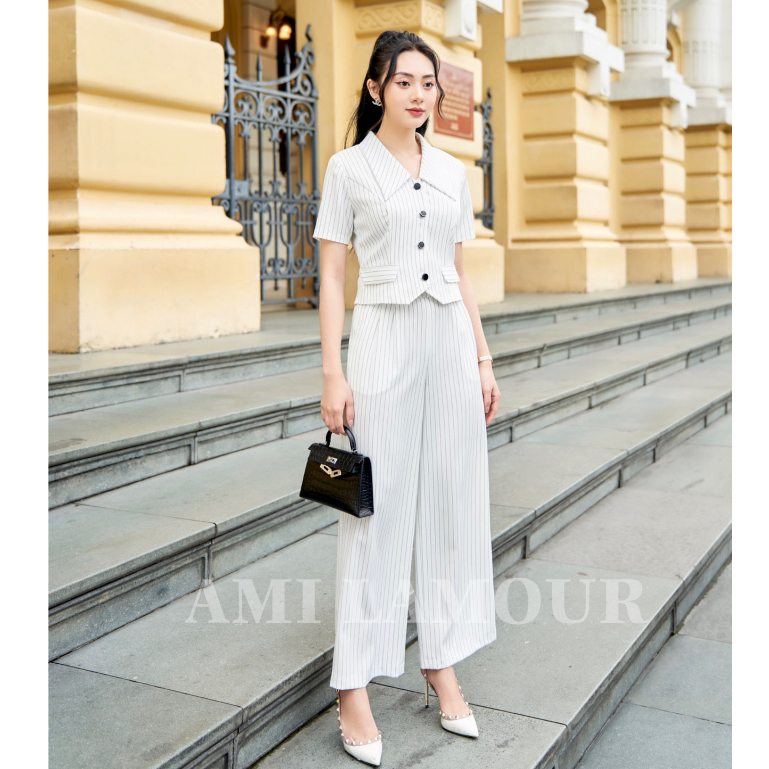 Set áo cộc tay quần suông HYAT AMI LAMOUR thiết kế trẻ trung, Bộ quần áo công sở chất Gabadine cao cấp