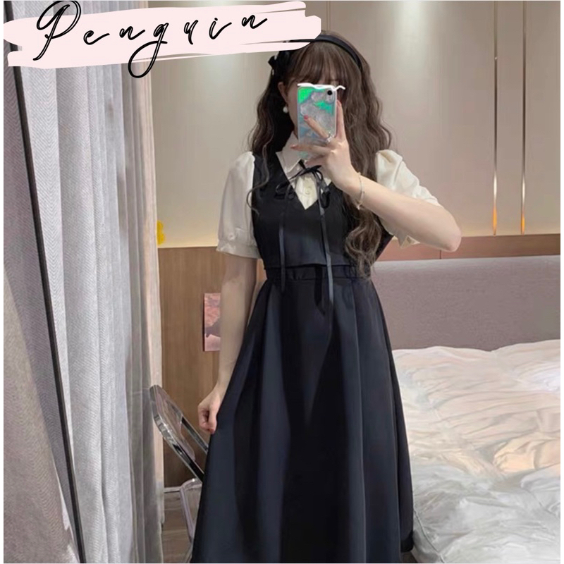 Đầm váy liền mảnh giả phối áo sơ mi cột nơ phong cách tiểu thư Hàn Quốc