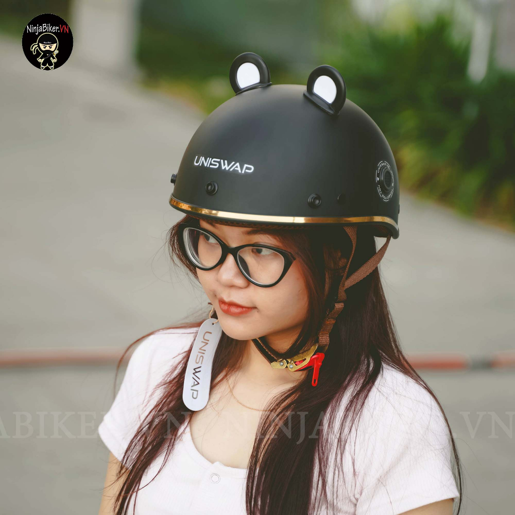 Nón bảo hiểm nửa đầu UNISWAP gắn tai gấu 2line đáng yêu đi học, đi làm, đi phượt, hàng chất lượng chuẩn thương hiệu