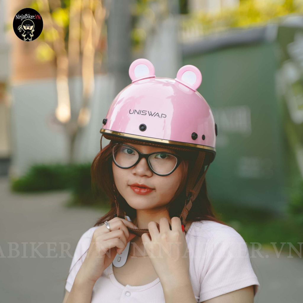 Nón bảo hiểm nửa đầu UNISWAP gắn tai gấu 2line đáng yêu đi học, đi làm, đi phượt, hàng chất lượng chuẩn thương hiệu