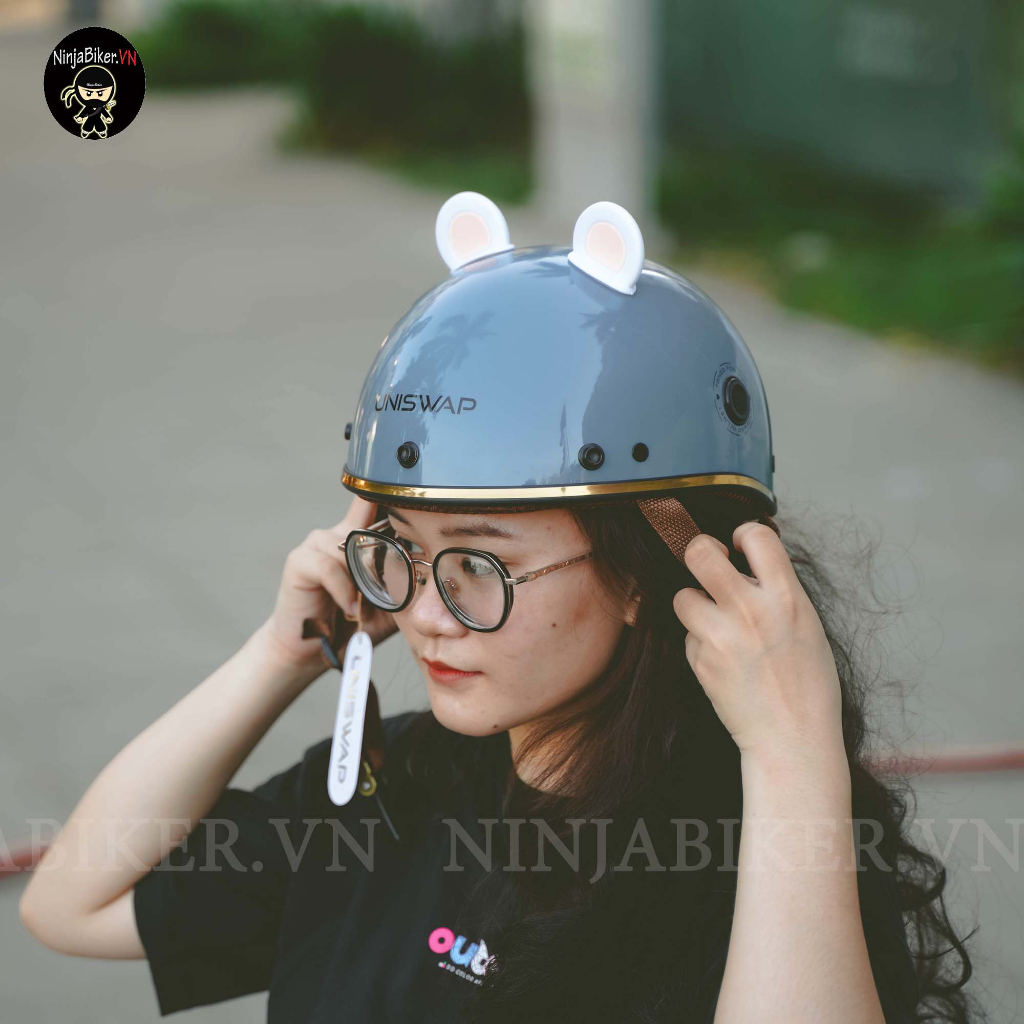 Nón bảo hiểm nửa đầu UNISWAP gắn tai gấu 2line đáng yêu đi học, đi làm, đi phượt, hàng chất lượng chuẩn thương hiệu
