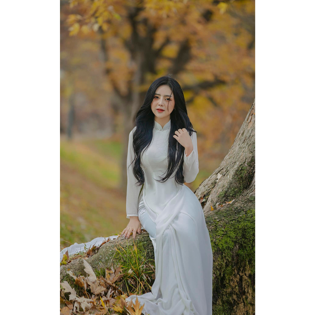 [Mã BMLT35] Áo dài lụa truyền thống 4 tà, áo dài chụp kỷ yếu, áo dài trắng chất liệu chiffon cổ đính hạt by Quỳnh Hương