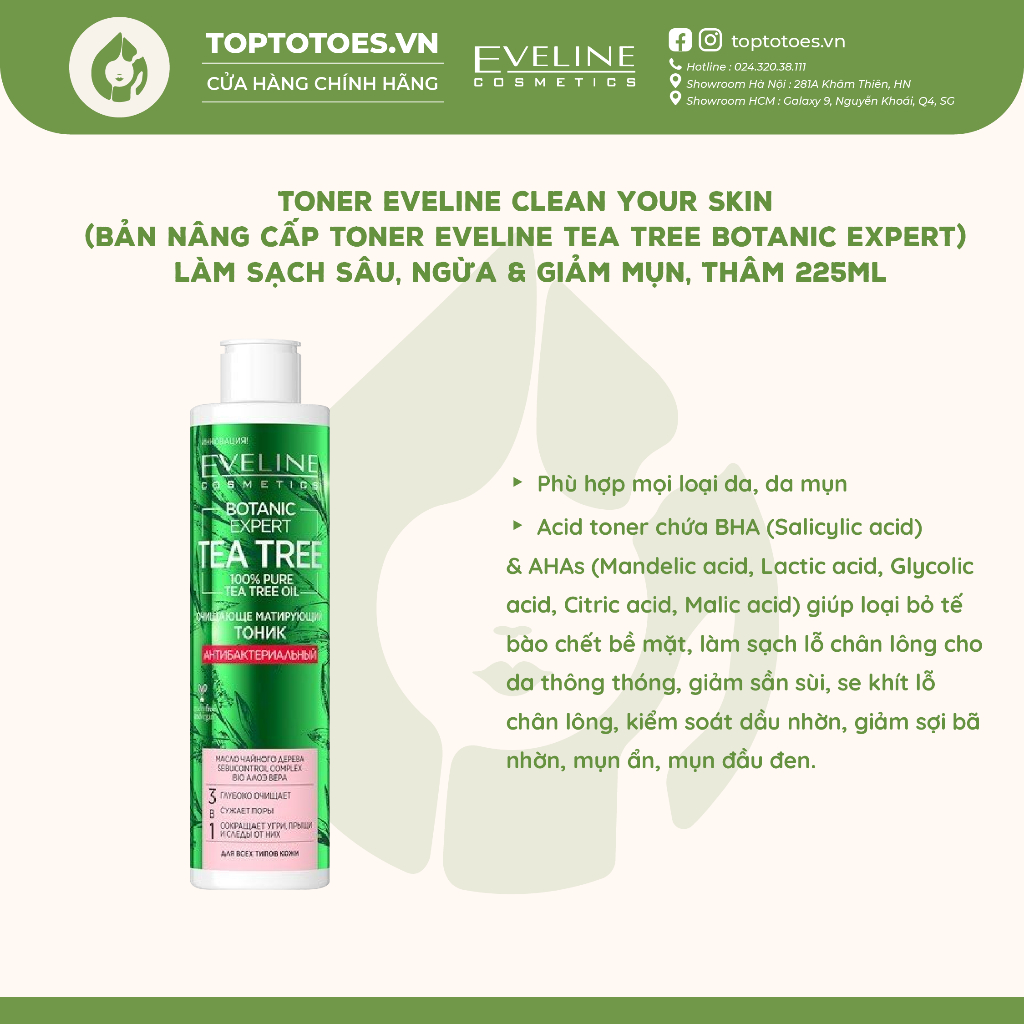 Toner Eveline Clean Your Skin (bản nâng cấp Toner Tea Tree Botanic Expert) làm sạch sâu, giảm mụn &thâm 225ml