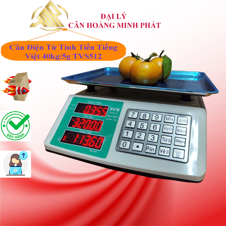 Cân điện tử 40kg/5g tính tiền TVS-512. Cân hoa quả, thực phẩm khô,thực phẩm đông lạnh, thịt.Bàn phím tiếng việt.
