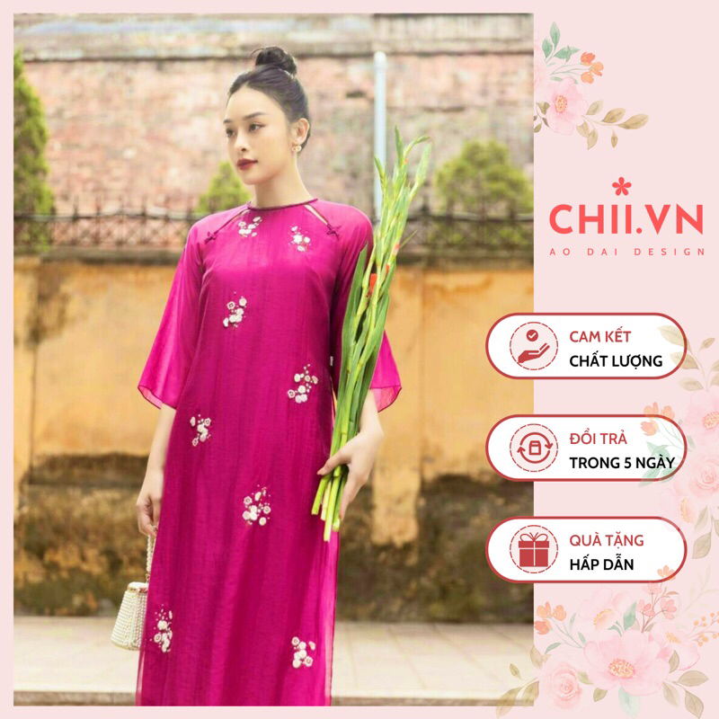 Áo Dài Cách Tân Dáng Suông 4 Tà Cổ Nơ Cách Điệu Màu Hồng Sen