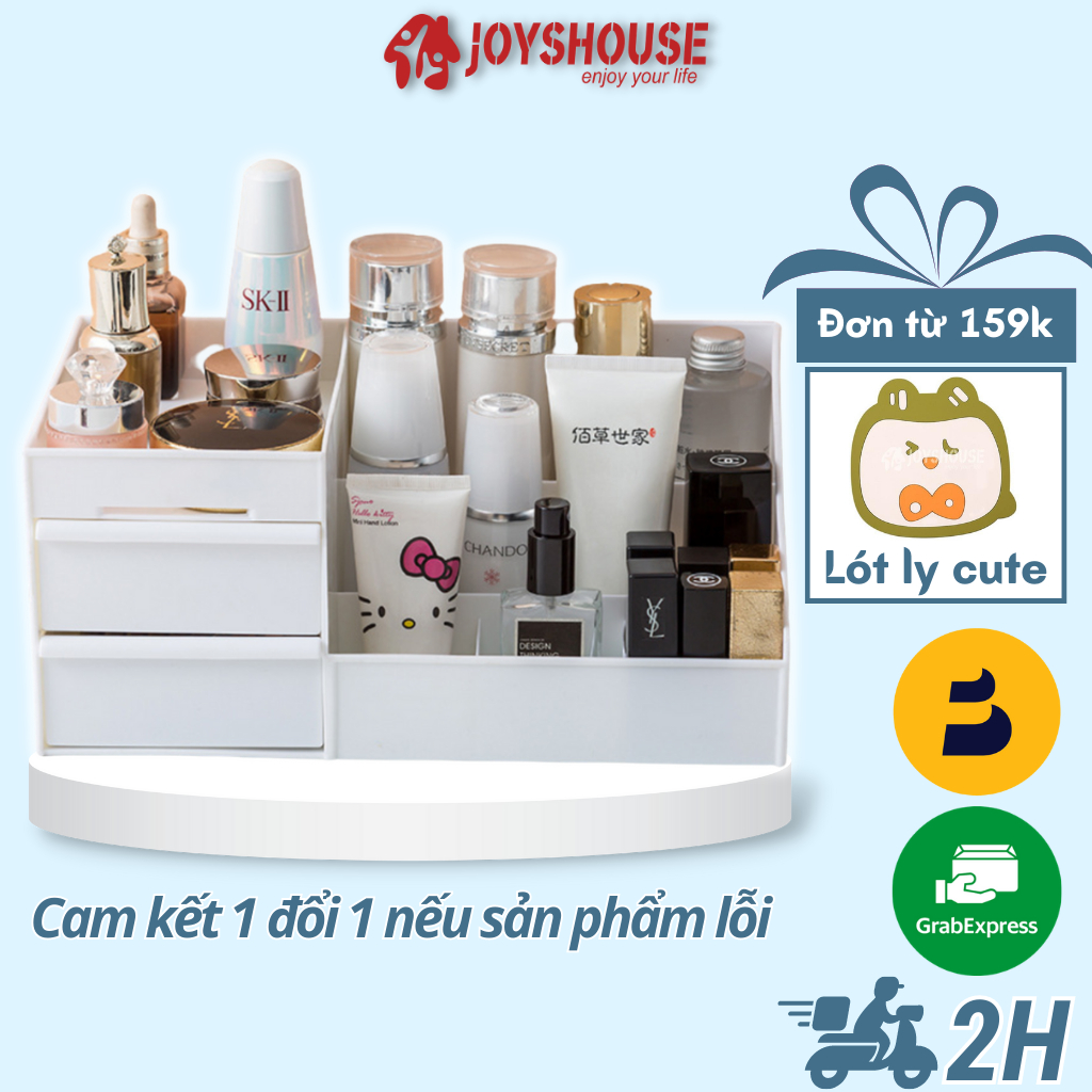 Kệ đựng mĩ phẩm để bàn bằng nhựa cao cấp nhiều tầng có 2 ngăn kéo và nhiều ô nhỏ để đồ trang điểm và dụng cụ làm đẹp